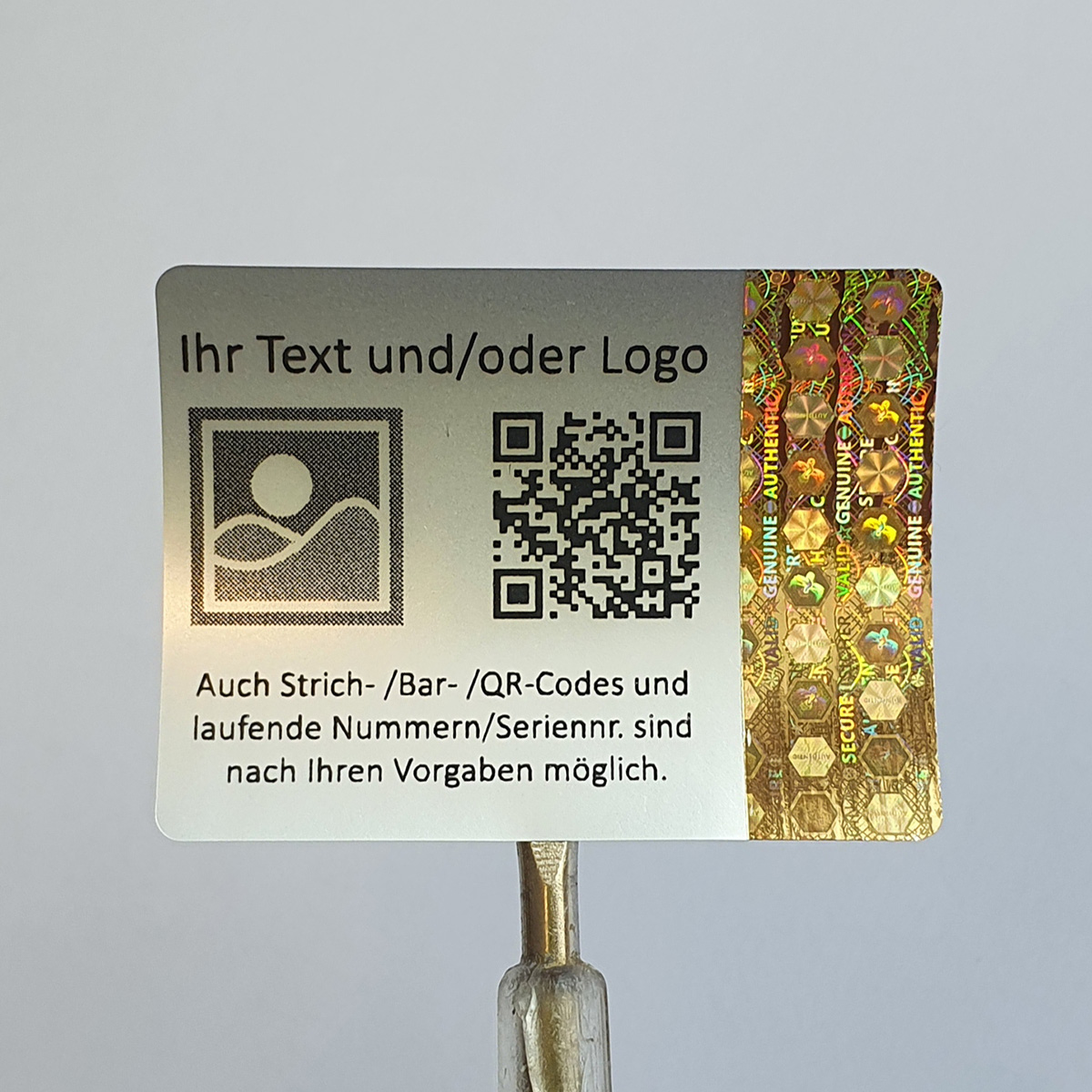 teil personalisiert - 3D Hologramm Sicherheitssiegel 4 x 3 cm Gold mit schwarzem Druck